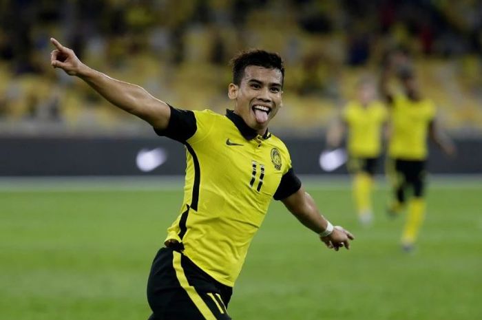 Bintang Timnas Malaysia, Safawi Rasid, melakukan selebrasi usai mencetak gol ke gawang Turkmenistan di Kualifikasi Piala Asia 2023.