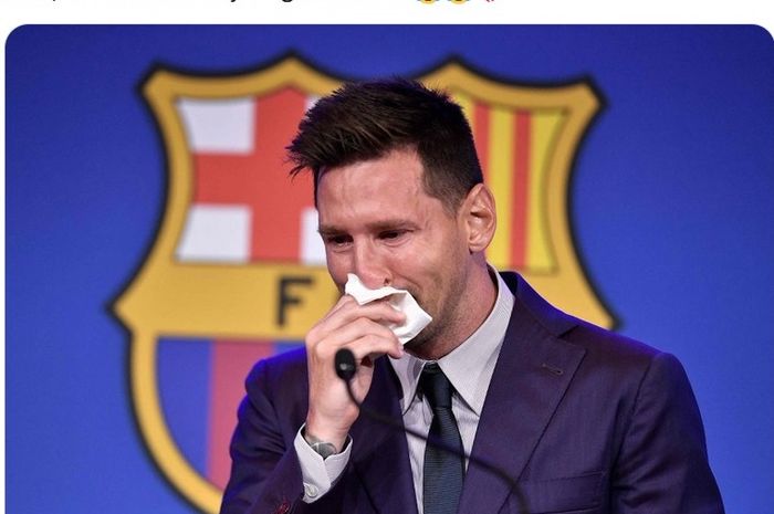 Lionel Messi menangis dalam konferensi pers terakhirnya sebagai pemain Barcelona.