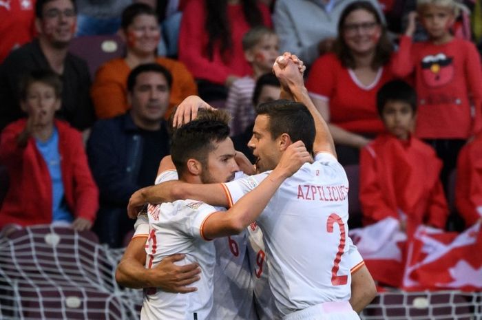 Pemain timnas Spanyol, Pablo Sarabia, merayakan golnya ke gawang Swiss dalam laga UEFA Nations League 2022-2023.