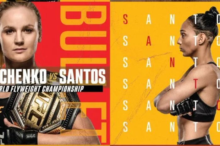 Poster pertarungan Valentina Shevchenko vs Taila Santos di UFC 275, Minggu (12/6/2022) di Singapura.
