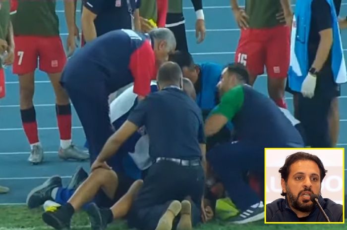 Pelatih Nepal Abdullah Al-Mutairi (insert) pingsan dan harus dilarikan ke rumah sakit saat menghadapi Kuwait di Kualifikasi Piala Asia 2023, 11 Juni 2022.