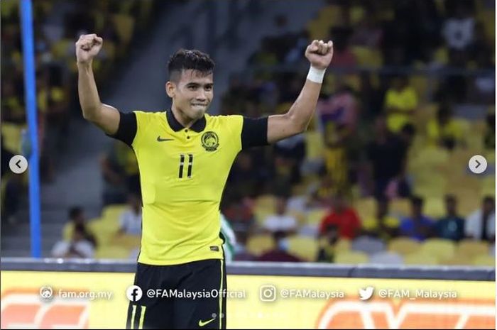 Safawi Rasid setelah mencetak gol untuk Malaysia saat menghadapi Bangladesh pada pertandingan terakhir Grup E Kualifikasi Piala Asia 2023, Selasa (14/6/2022).