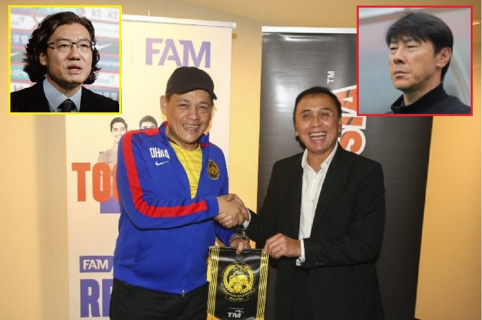 Presiden FAM Datuk Hamidin Mohd Amin dan Ketua Umum PSSI Mochamad Iriawan berbeda visi terhadap pelatih timnas masing-masing, Kim Pan-gon dan Shin Tae-yong (insert).