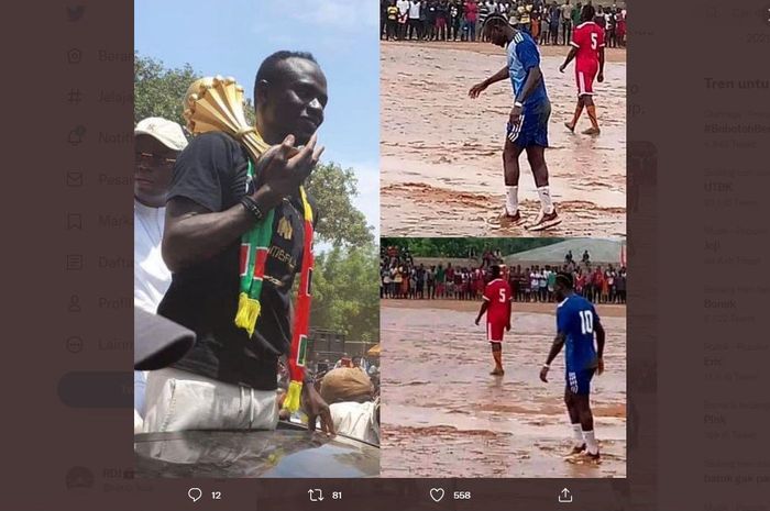 Bintang Liverpool, Sadio Mane bermain bersama warga sekitar saat pulang ke kampung halamannya, Bambali, Senegal dengan membawa trofi Piala Afrika 2022.