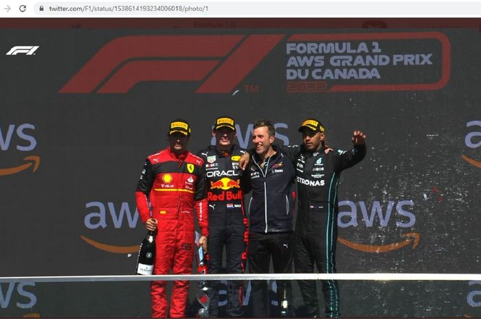 Max  Verstappen, Carlos Sainz, dan Lewis Hamilton merayakan kemenangan di Formula 1 GP Kanada, Senin (20/6/2022)