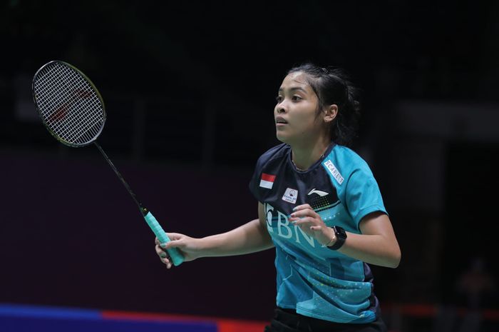 Tunggal putri Indonesia, Gregoria Mariska Tunjung, saat tampil melawan Akane Yamaguchi (Jepang) pada perempat final Malaysia Masters 2022 di Axiata Arena, Kuala Lumpur, Jumat (8/7/2022).