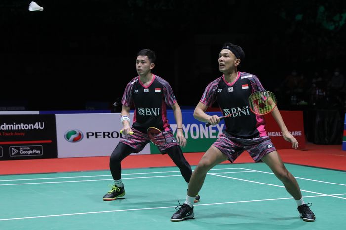 Pasangan ganda putra Indonesia, Fajar Alfian/Muhammad Rian Ardianto, pada babak semifinal Malaysia Masters 2022 di Axiata Arena, Kuala Lumpur, Sabtu (9/7/2022).
