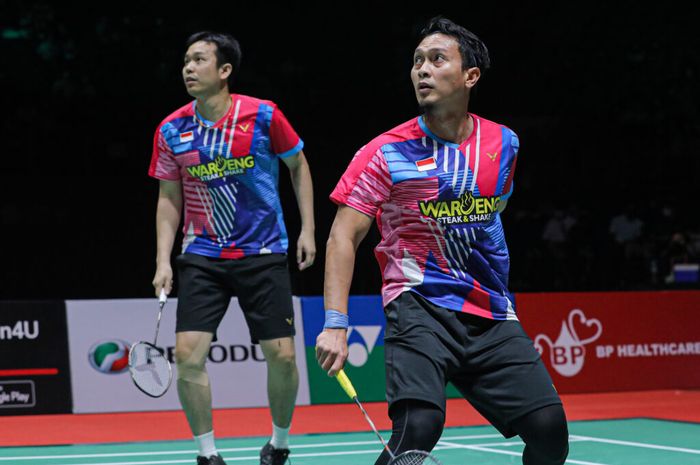 Mohammad Ahsan/Hendra Setiawan saat berlaga di final Malaysia Masters 2022, Minggu (10/7/2022).