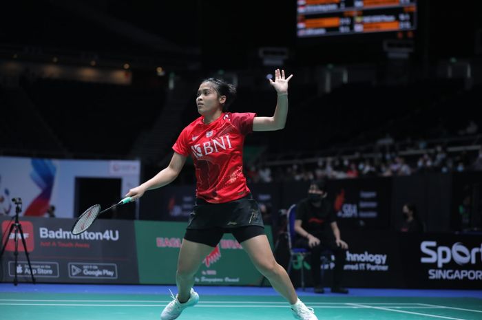 Gregoria Mariska Tunjung ketika tampil pada babak pertama Singapore Open 2022 di Singapore Indoor Stadium, Rabu (13/7/2022).
