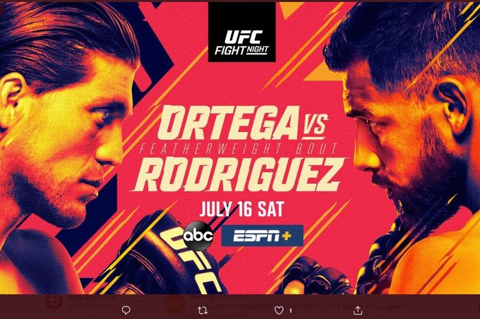 Gelaran UFC Long Island (16/7/2022) yang akan menampilkan pertarungan Brian Ortega melawan Yair Rodriguez di main event. 