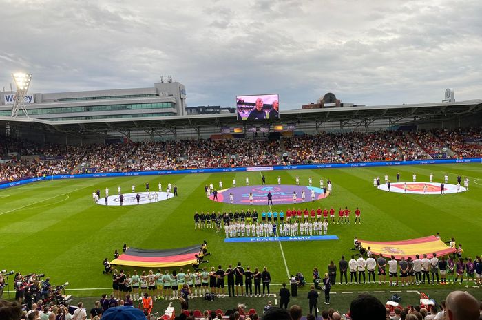 Suasana pertandingan antara Jerman melawan Spanyol di Grup B Piala Eropa Wanita 2022, 12 Juli 2022.