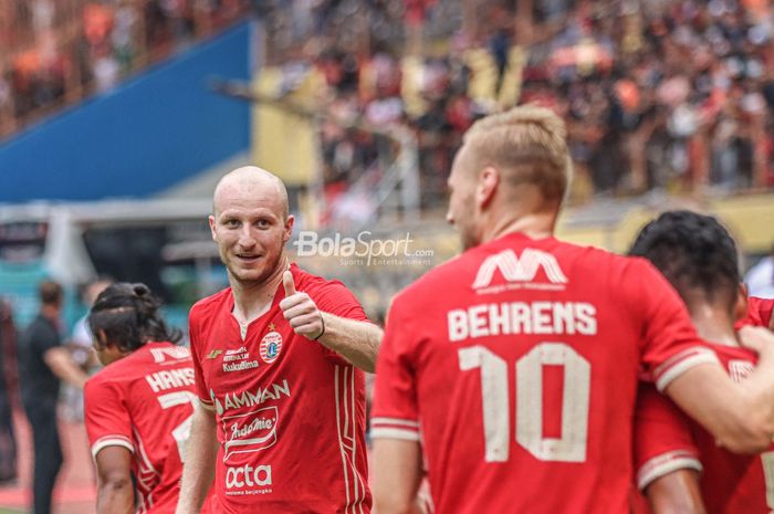 Pemain Persija Jakarta, Michael Krmencik mencetak gol dalam laga uji coba melawan RANS Nusantara FC di Stadion Wibawa Mukti, Cikarang, Sabtu (16/7/2022).