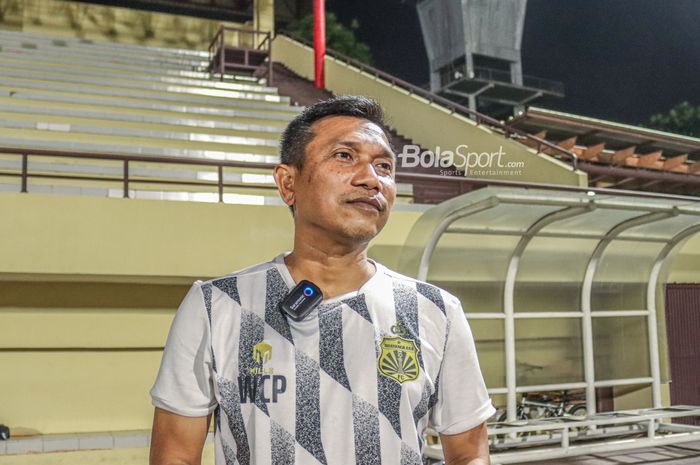 Pelatih Bhayangkara FC, Widodo Cahyono Putro, saat ditemui awak media di Stadion PTIK, Jakarta, 20 Juli 2022.