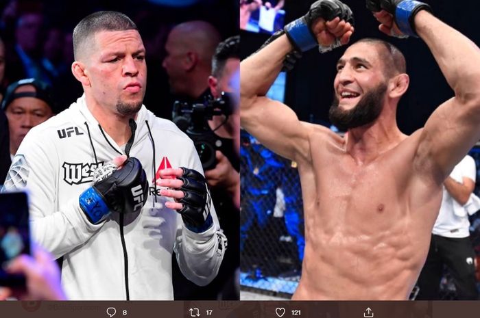 Khamzat Chimaev (kanan) yang disebut tetap akan menyulitkan Nate Diaz dalam usia muda.