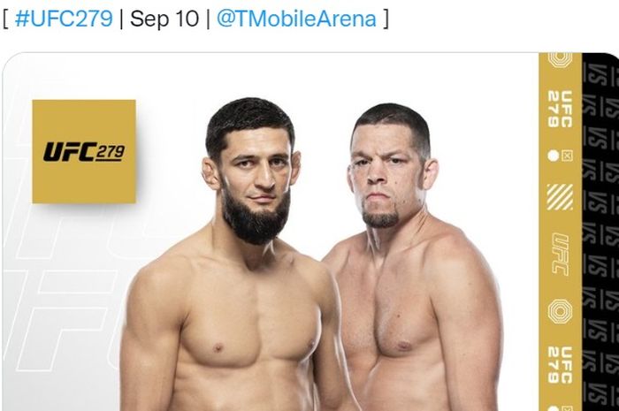 Pertarungan Khamzat Chimaev vs Nate Diaz resmi diumumkan untuk gelaran UFC 279 pada 10 September 2022.