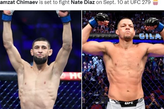 Montase jagoan yang bakal bertarung di UFC 279, Khamzat Chimaev (kiri) dan Nate Diaz (kanan).