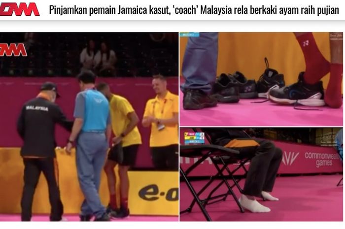 Tangkapan layar pemberitaan media Malaysia, OhMyMedia.cc, terhadap aksi legenda bulu tangkis Indonesia, Hendrawan, meminjamkan sepatu kepada lawan anak asuhnya pada Commonwealth Games 2022.