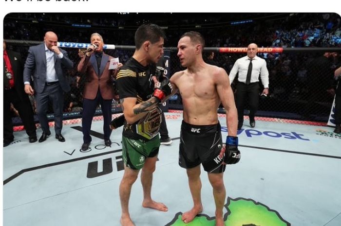 Saling respek mengakhiri duel ganas Brandon Moreno (kiri), Kai Kara-France (kanan) pada UFC 277 Minggu (31/7/2022) waktu Indonesia di Dallas, Texas, Amerika Serikat.