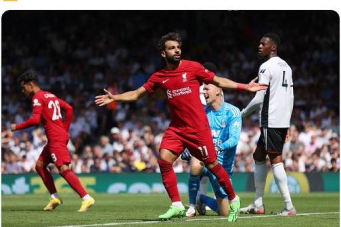 Selebrasi Mohamed Salah setelah mencetak gol ketika Liverpool berhadapan dengan Fulham di pekan perdana Liga Inggris 2022-2023 pada Sabtu (6/8/2022).
