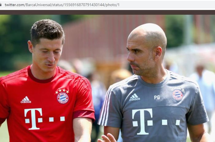 Potret Robert Lewandowski dan Pep Guardiola saat keduanya masih bekerja sama di Bayern Muenchen.