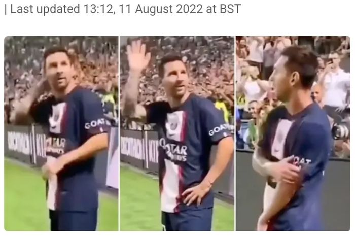 Megabintang Paris Saint-Germain, Lionel Messi, tersipu malu dengan teriak fan pada laga Piala Super Prancis di Stadion Bloomfield, Senin (1/8/2022).