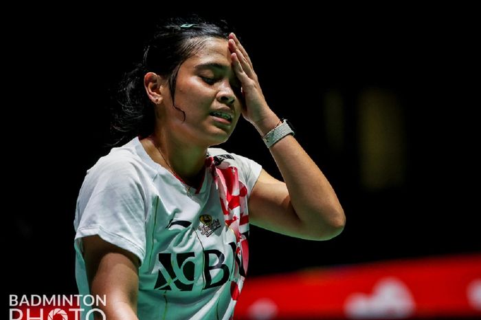 Pebulu tangkis tunggal putri Indonesia, Gregoria Mariska Tunjung pada pertandingan babak kedua Kejuaraan Dunia 2022 di Tokyo Metropolitan Gymnasium, Jepang, 23 Agustus 2022.