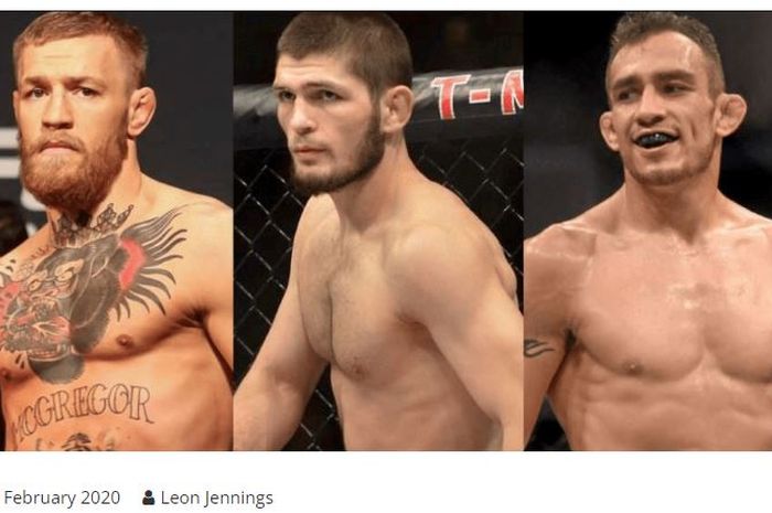 Kolase foto petarung top kelas ringan, Conor McGregor (kiri), Khabib (tengah), dan Tony Ferguson.