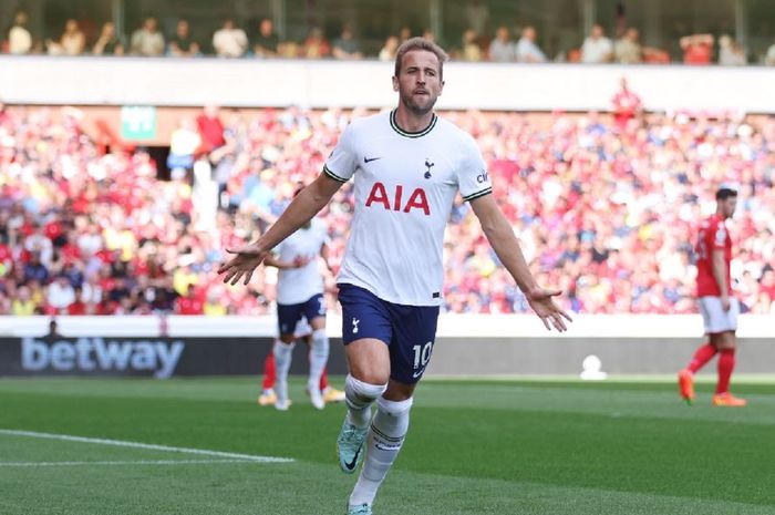 Selebrasi Harry Kane saat mencetak gol dalam laga pekan keempat Liga Inggris 2022-2023 antara Tottenham Hotspur kontra Nottingham Forest, Minggu (28/8/2022).