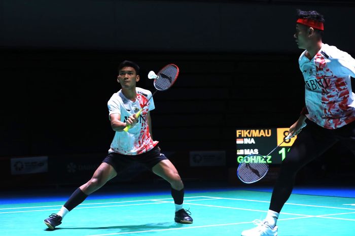 Pasangan ganda putra Indonesia, Muhammad Shohibul Fikri/Bagas Maulana, ketika tampil pada babak kesatu Japan Open 2022 di Osaka, Jepang, Selasa (30/8/2022).