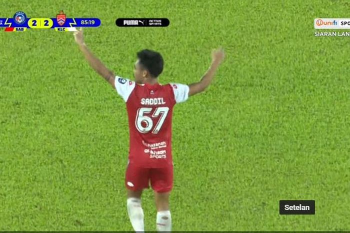Selebrasi Saddil Ramdani usai mencetak gol ke gawang KL City saat bermain imbang 2-2 dengan Sabah FC dalam lanjutan Liga Malaysia 2022, Kamis (1/9/2022).