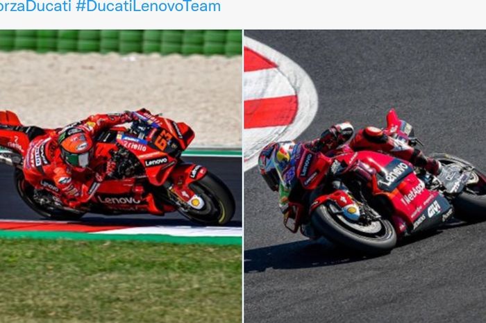 Aksi pembalap Ducati Lenovo, Francesco Bagnaia dan Jack Miller, pada tes MotoGP di Sirkuit Misano, Italia, Selasa (6/9/2022).