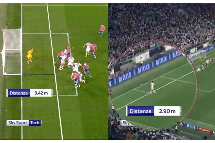 Kamera versi VAR (kiri) dalam duel Juventus vs Salernitana dengan versi Sky Tech, yang memperlihatkan posisi Antonio Candreva saat gol terjadi (11/9/2022).