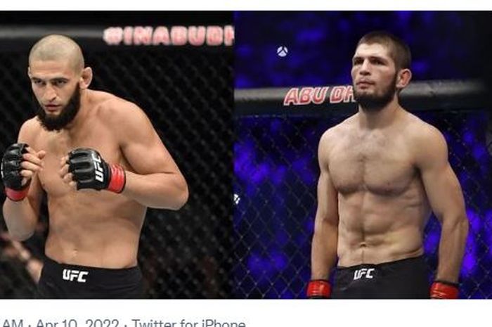 Montase petarung UFC, Khamzat Chimaev (kiri), dengan mantan juara kelas ringan, Khabib Nurmagomedov. 