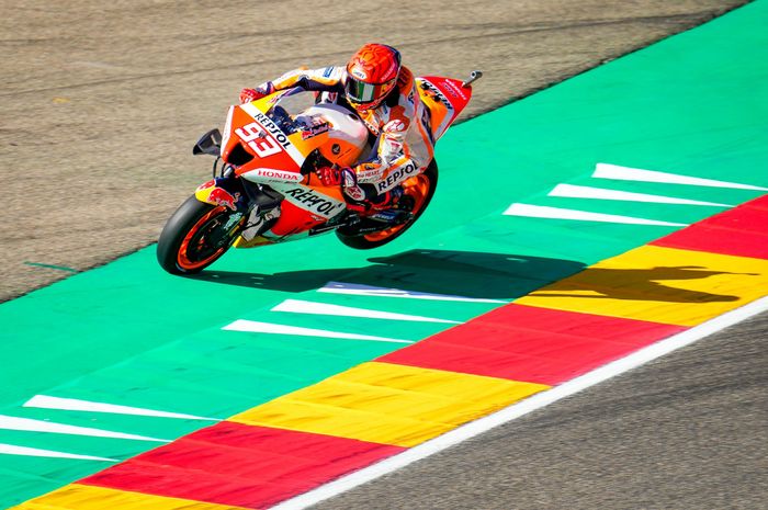 Pembalap Repsol Honda, Marc Marquez pada hari pertama latihan bebas MotoGP Aragon 2022, Jumat (16/9/2022)