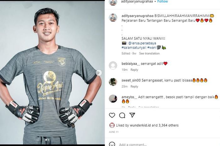 Kiper Persebaya Surabaya dan timnas U-20 Indonesia, Aditya Arya Nugraha.