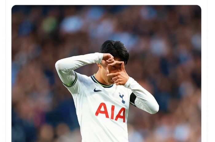 Selebrasi pemain Tottenham Hotspur, Son Heung-min usai mencetak gol ke gawang Leicester City pada lanjutan Liga Inggris musim 2022-2023 di Tottenham Hotspur Stadium, London, Sabtu (17/9/2022).