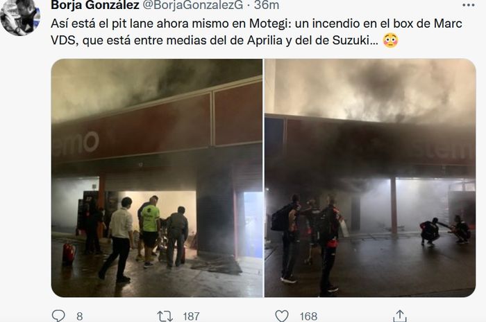 Unggahan jurnalis Spanyol, Borja Gonzales, tentang kebakaran yang terjadi jelang seri balap MotoGP Jepang di Mobility Resort Motegi, Jepang, 22 September 2022.