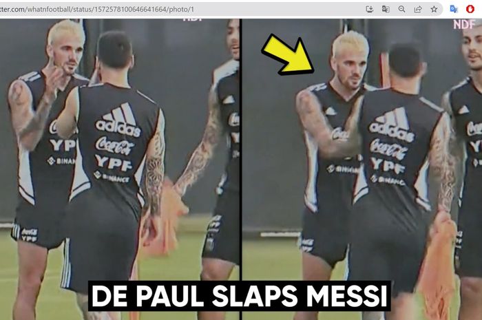 Rodrigo De Paul (kiri) dan Lionel Messi (kanan) terlibat insiden dalam latihan timnas Argentina.