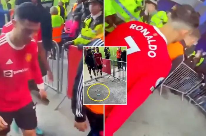 Pemain Manchester United Cristiao Ronaldo menampar tangan seorang anak laki-laki di loroang stadion yang menyebabkan telepon genggam sang anak terlempar hingga rusak setelah kalah 0-1 dari Everton pada Sabtu (9/4/2022)