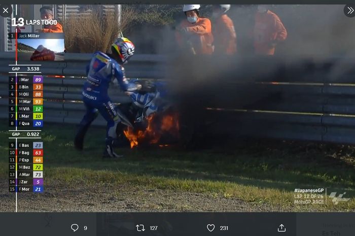 Motor jagoan Suzuki Ecstar, Takuya Tsuda, terlihat terbakar kala menjalani perebutan hasil MotoGP Jepang 2022 pada Minggu (25/9/2022) 