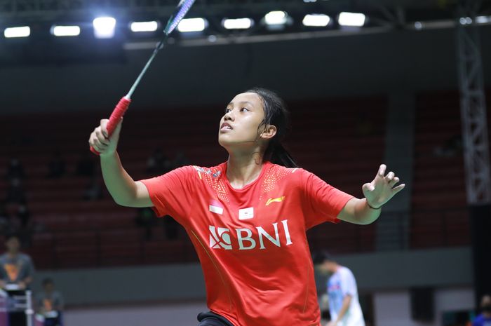 Pemain tunggal putri Mutiara Ayu Puspitasari saat tampil di babak 32 besar Indonesia International Challenge 2022 di GOR Among Raga Yogyakarta, Selasa (27/9/2022).