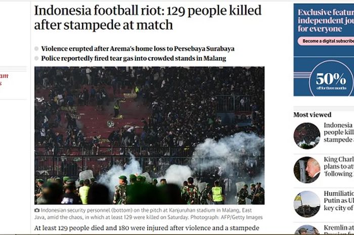 Pemberitaan media Inggris, The Guardian terkait tragedi Kanjuruhan di laga Arema FC vs Persebaya Surabaya.