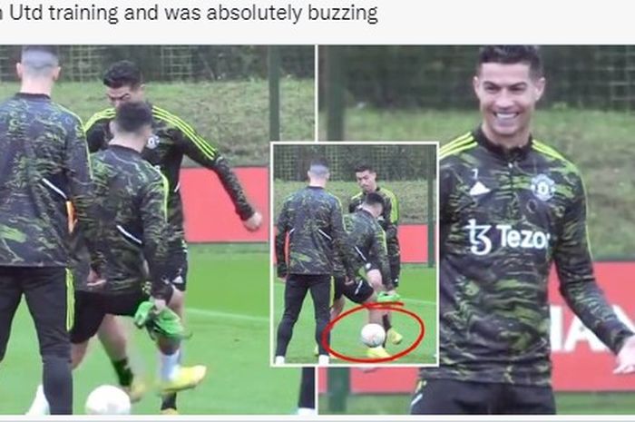 Cristiano Ronaldo terlihat gembiar usai berhasil melakukan nutmeg kepada Lisandro Martinez.