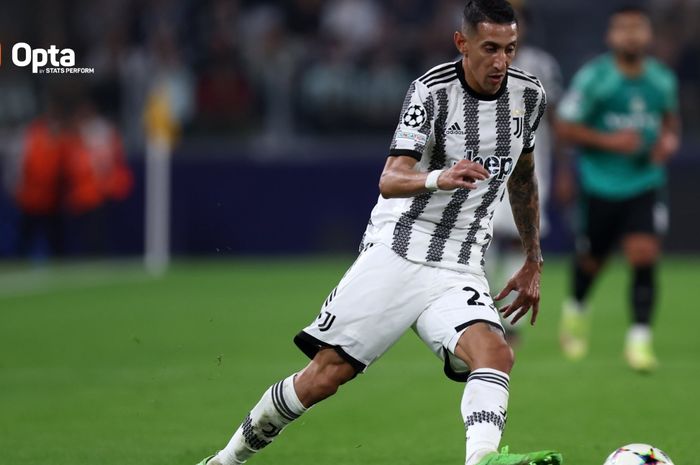 Aksi Angel Di Maria dalam matchday ketiga babak penyisihan Grup H Liga Champions 2022-2023 antara Juventus dan Maccabi Haifa di Stadion Allianz, Rabu (5/10/2022).