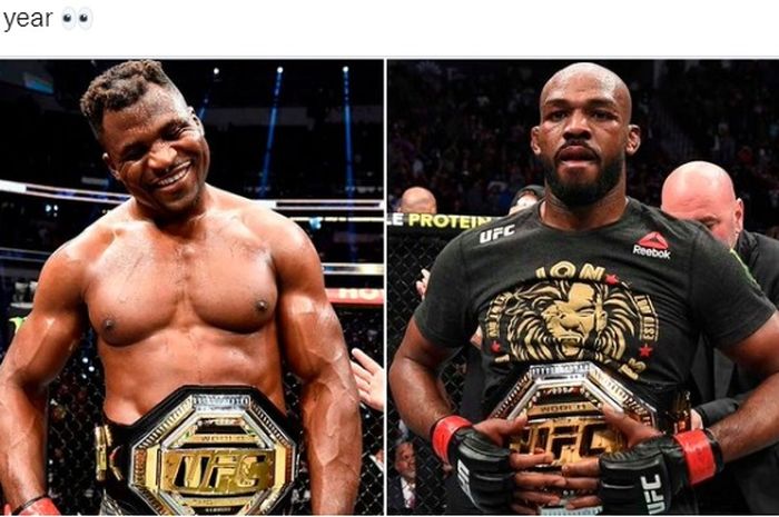 Jon Jones (kanan) menjelaskan penyebab kegagalan duelnya dengan Francis Ngannou (kiri)