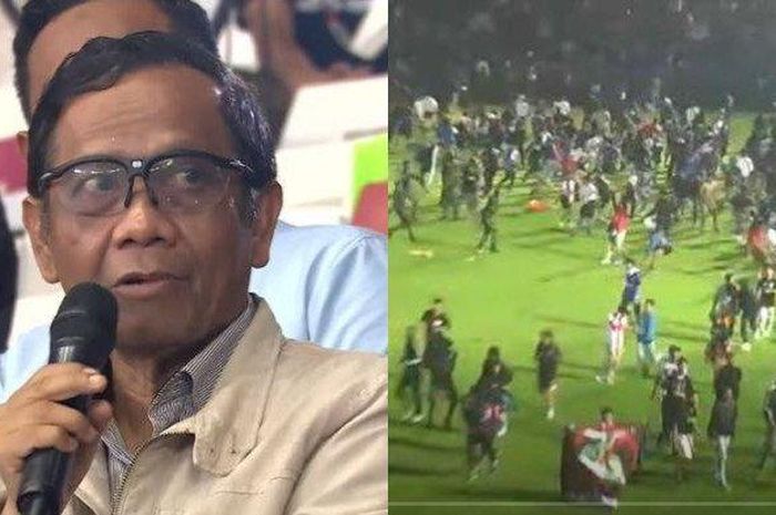 Foto kanan: Penampakan kericuhan di Stadion Kanjuruhan, Malang, Sabtu (1/10/2022) malam. Foto kiri: Mahfud MD. Tragedi Kanjuruhan yang menewaskan 131 orang disebut Mahfud MD lebih mengerikan daripada video yang beredar di televisi atau media sosial. 