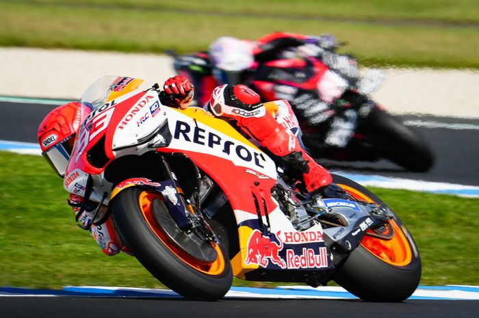 Pembalap Repsol Honda, Marc Marquez pada sesi latihan bebas MotoGP Australia 2022 di Sirkuit Phillip Island, Jumat (14/10/2022)