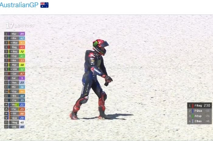 Fabio Quartararo saat terjatuh kala mencari hasil MotoGP Australia 2022, Minggu (16/10/2022).