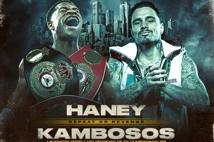 Poster pertarungan kedua Devin Haney vs George Kambosos Jr dalam perebutan titel juara sejati tinju kelas ringan di Melbourne, Australia, Minggu (16/10/2022).