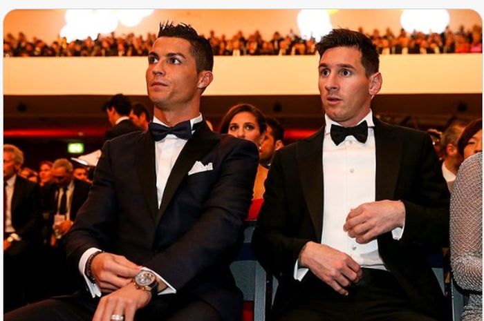 Dua pemain bintang sepak bola, Cristiano Ronaldo (kiri) dan Lionel Messi (kanan).